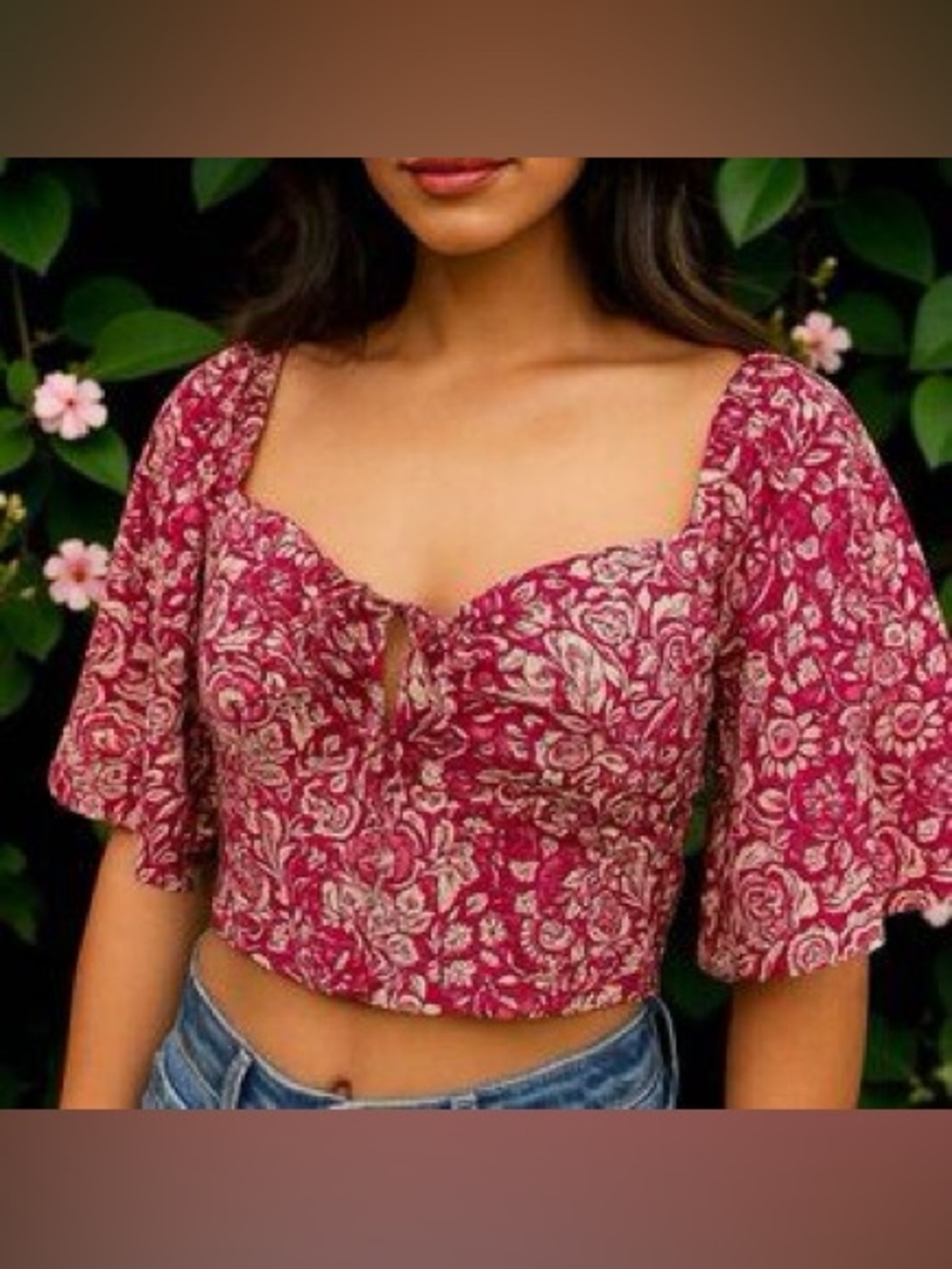 JAPNA, Floral Tie-Front Crop Top